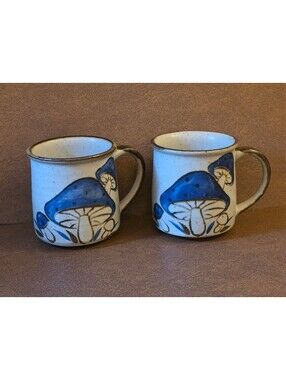 Vintage 1970s Blue Mushroom Speckled Stoneware Mugs - Set of 2